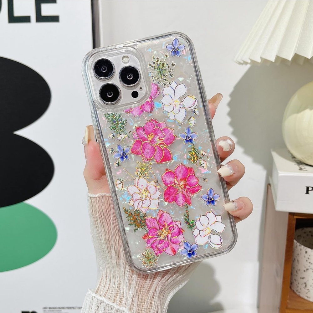 NWT iPhone 13 Pro 6.1”clear Glittering Flowers Plastic Dual-Layer